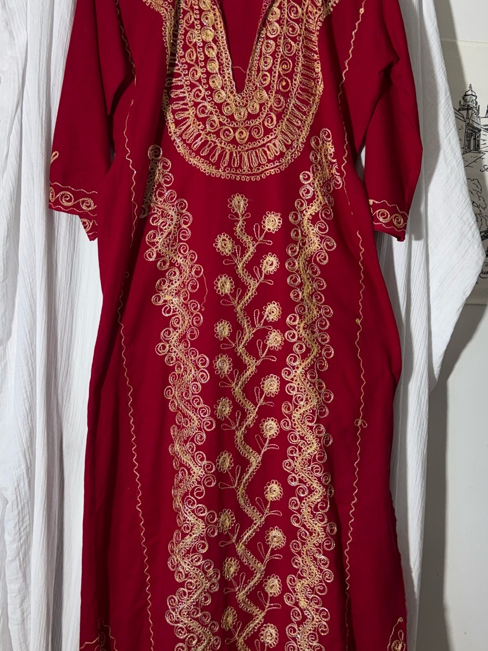 Red & Gold Embroidered Tunic Dress | Boho Festival Kurti Style